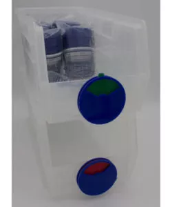 Stacked plastic supply bins with attached blue indicator dials set to green and red | Maxpert Medical