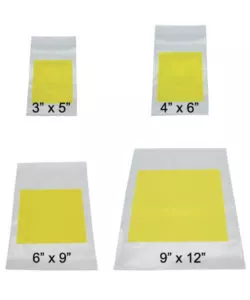 Four sizes of white hazardous drug disposal zip closure bags with blank bright yellow labels | Maxpert Medical