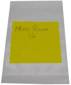 White hazardous drug 9 by 12 disposal zip bag with bright yellow label with Med Room 16 inscription | Maxpert Medical